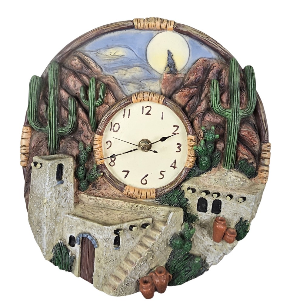 Mallory Lane Southwestern Desert Adobe Cactus Howling Wolf 3D Resin Wall Clock